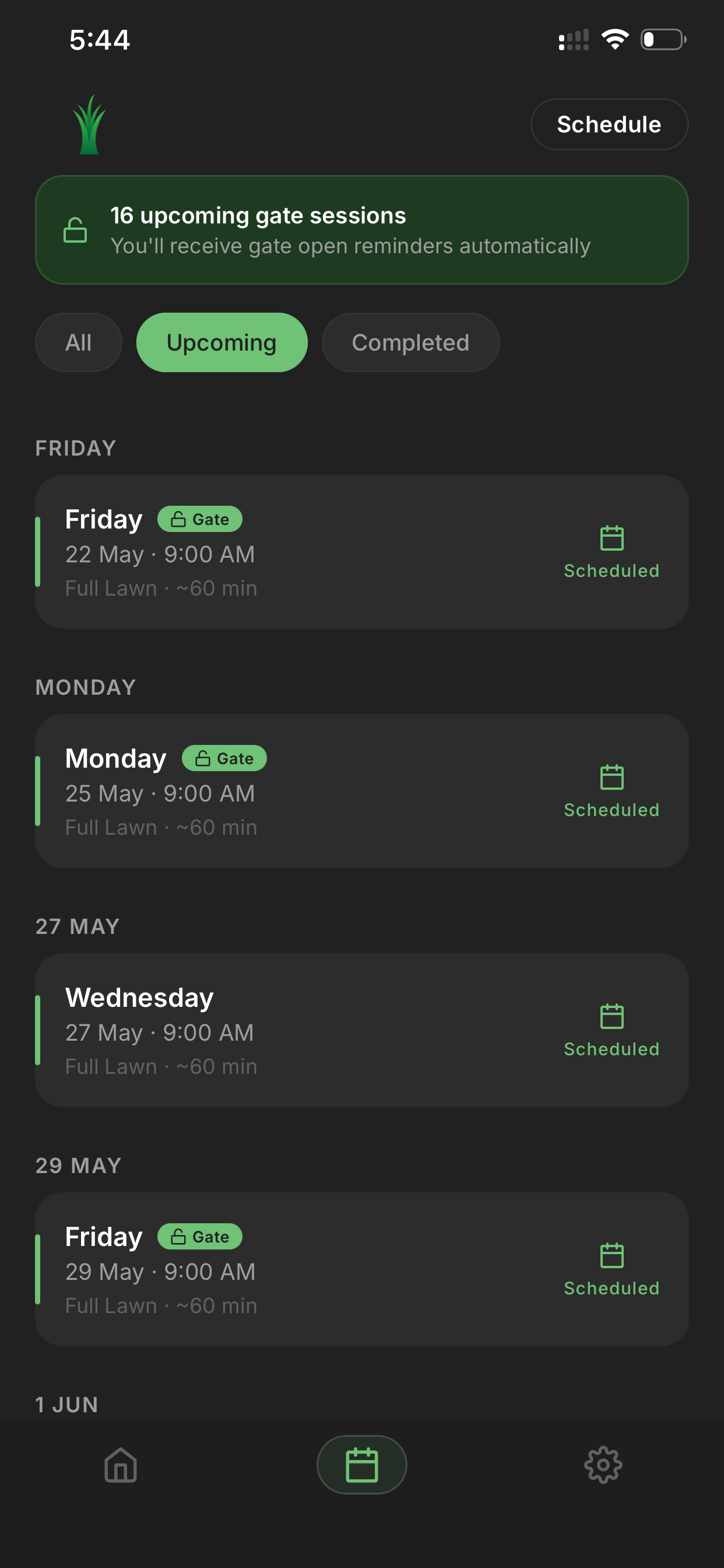 Schedule screen