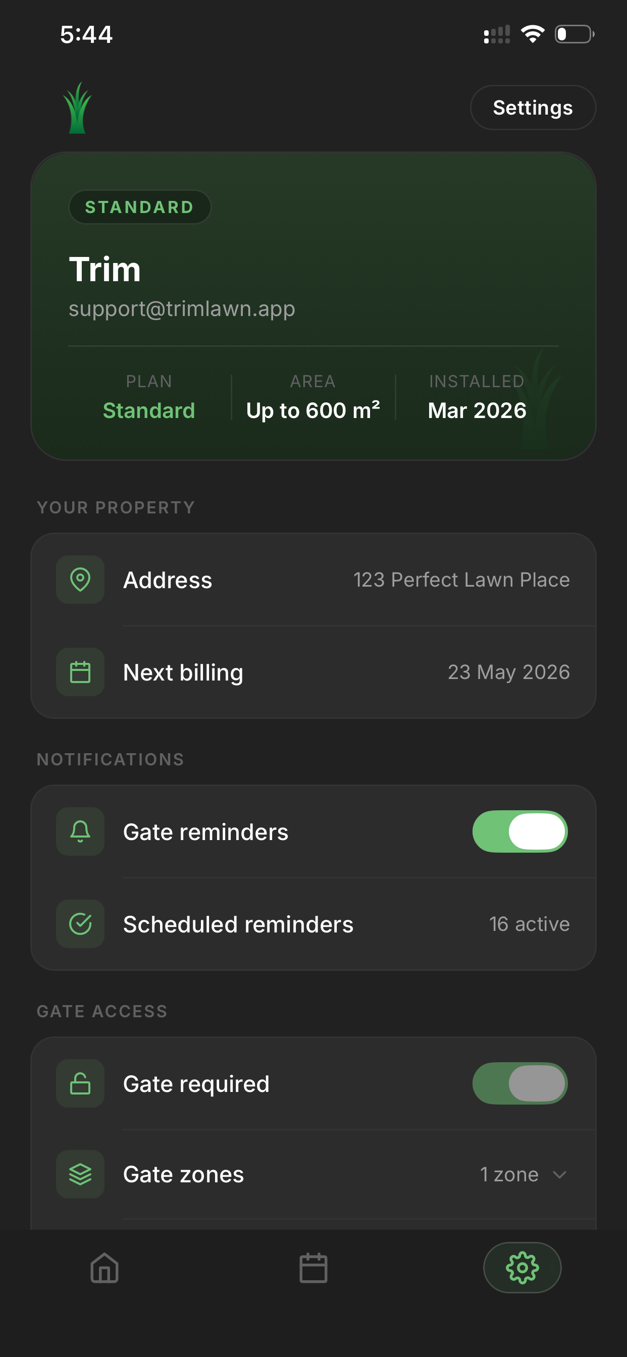 Settings screen