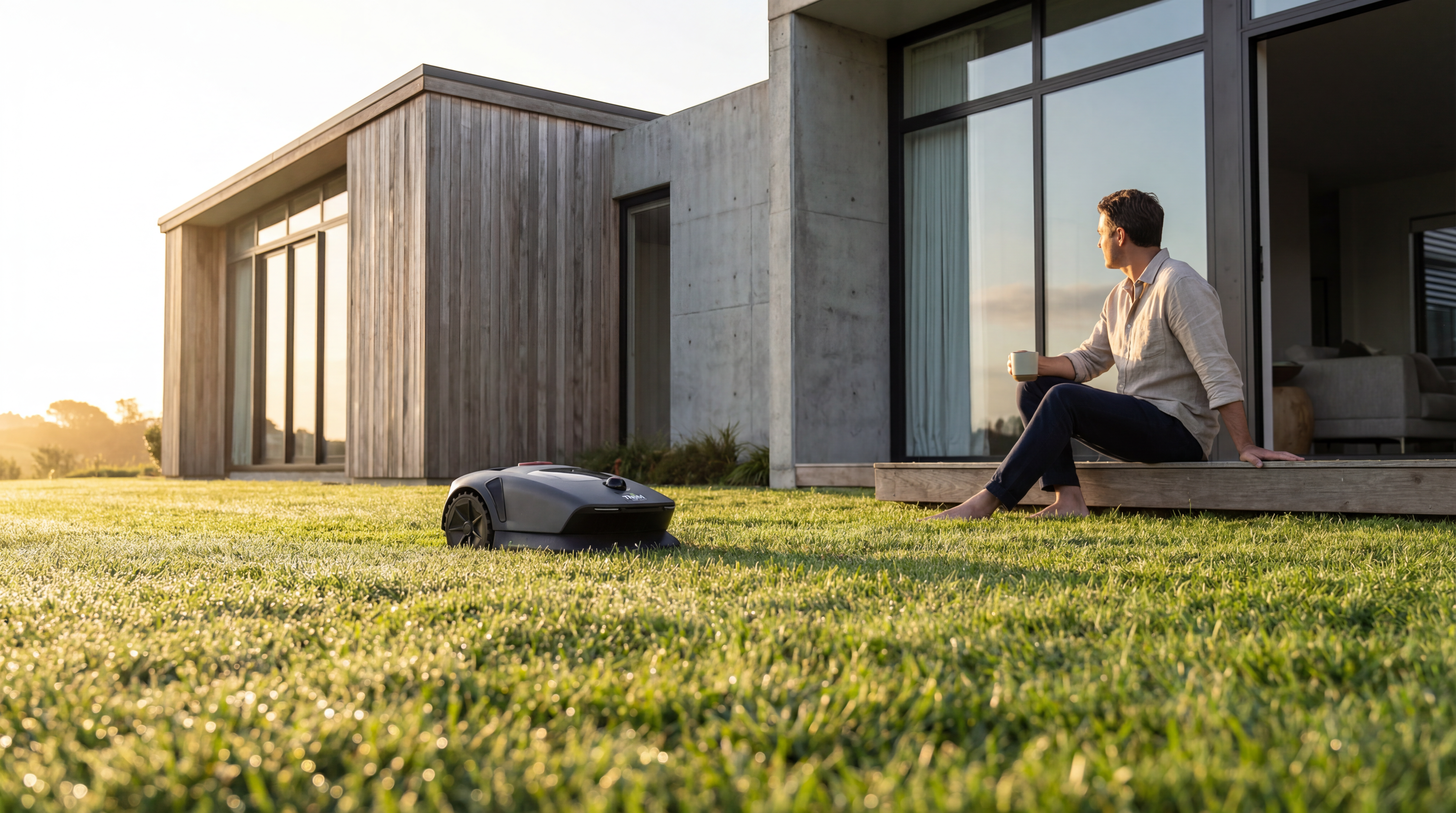 Homeowner relaxing while Trim mows